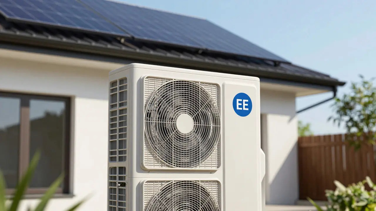 Close-up of a white heat pump unit and solar panels on a modern house under a clear sky