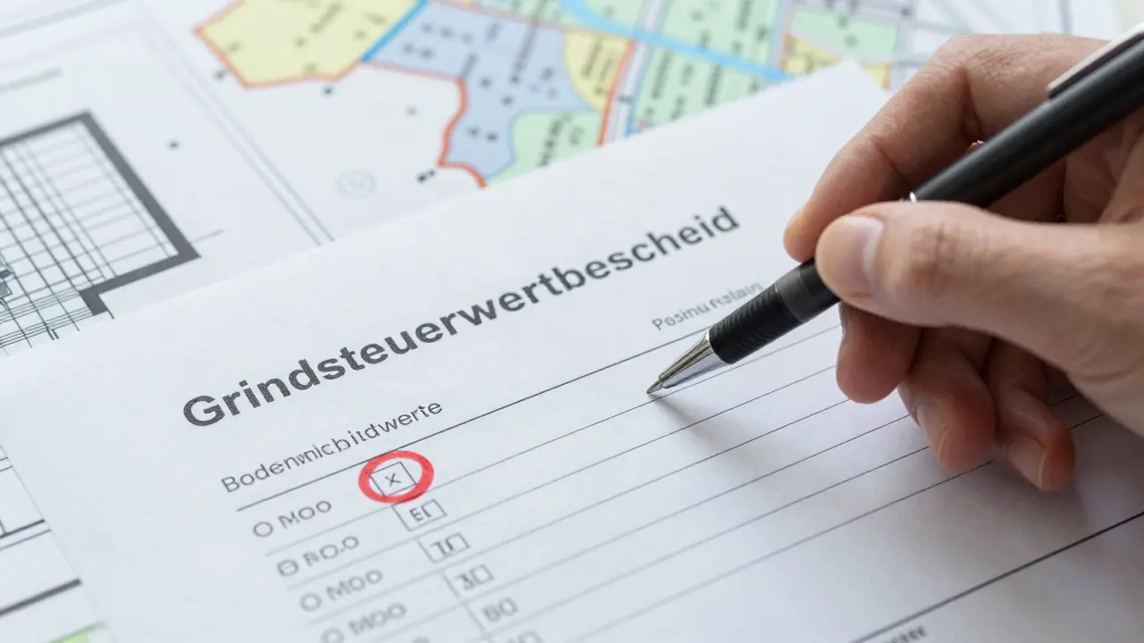 Detailaufnahme von Dokumenten zur Prüfung von Bodenwerten und Mietdaten.