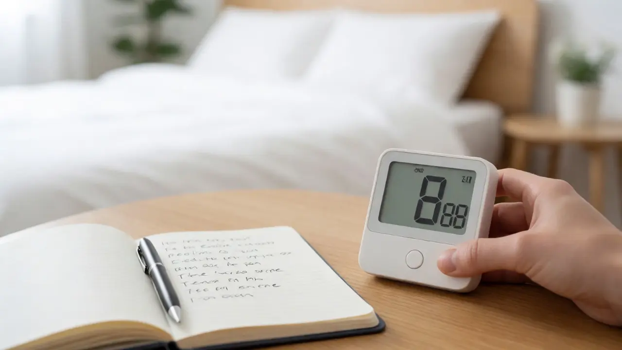 Digitales Hygrometer auf einem Tisch neben einem Lüftungstagebuch.