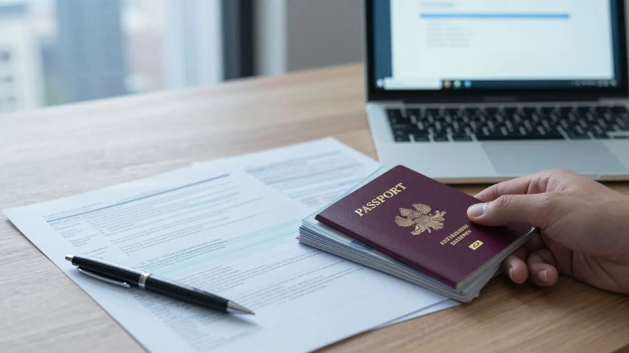 Dokumente und Pass auf dem Tisch bei Immobilienkauf