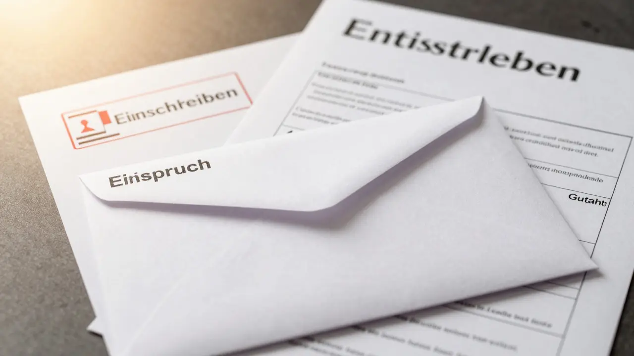 Ein Einschreiben mit Einspruch und Gutachten wird zum Versand vorbereitet.