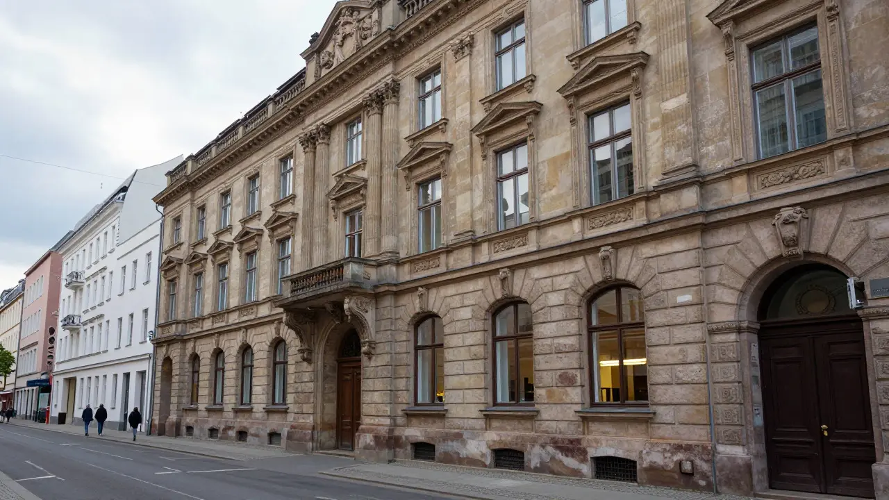 Facade of a preserved historic building in Berlin with a safe interior visible