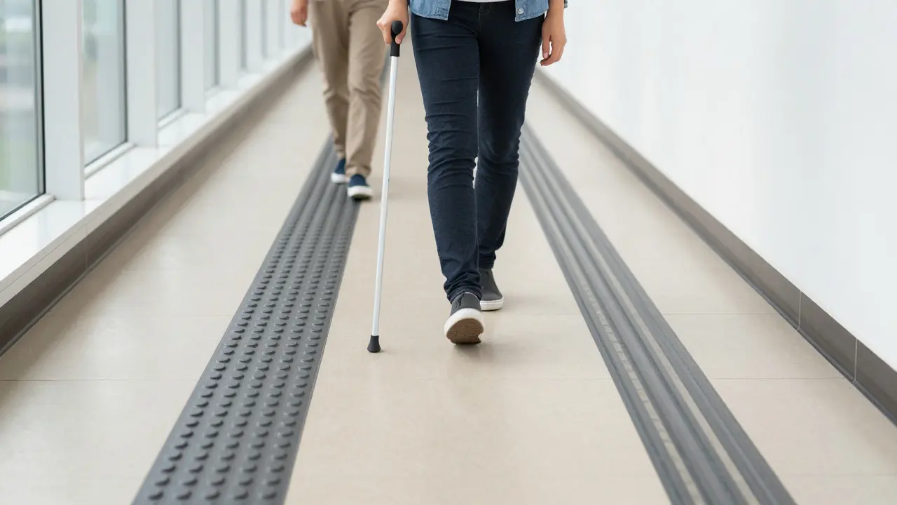 Flur mit taktilen Bodenmarkierungen zur Orientierung für sehbehinderte Menschen.