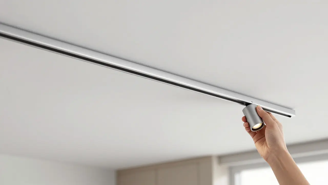 Hand justiert einen LED-Spot auf einer schlanken Deckenschiene