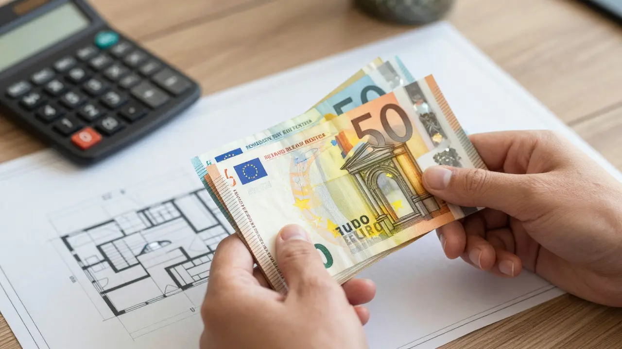 Hands holding Euro banknotes over blueprints and a calculator