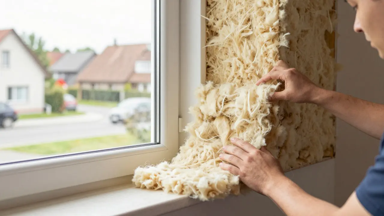 Handwerker installiert Dämmmaterial in einer Wand neben einem großen Fenster