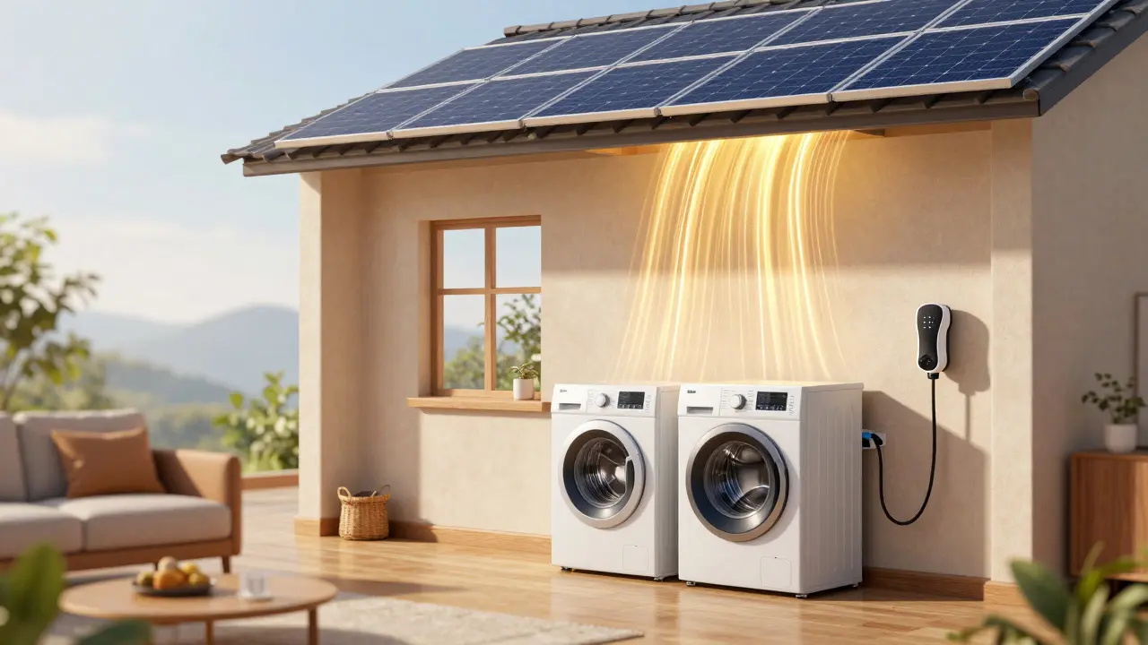 Illustration of a home using stored solar energy for daily appliances