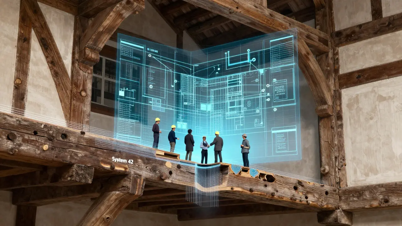 Illustration of historic wooden beams overlaid with modern digital planning grids