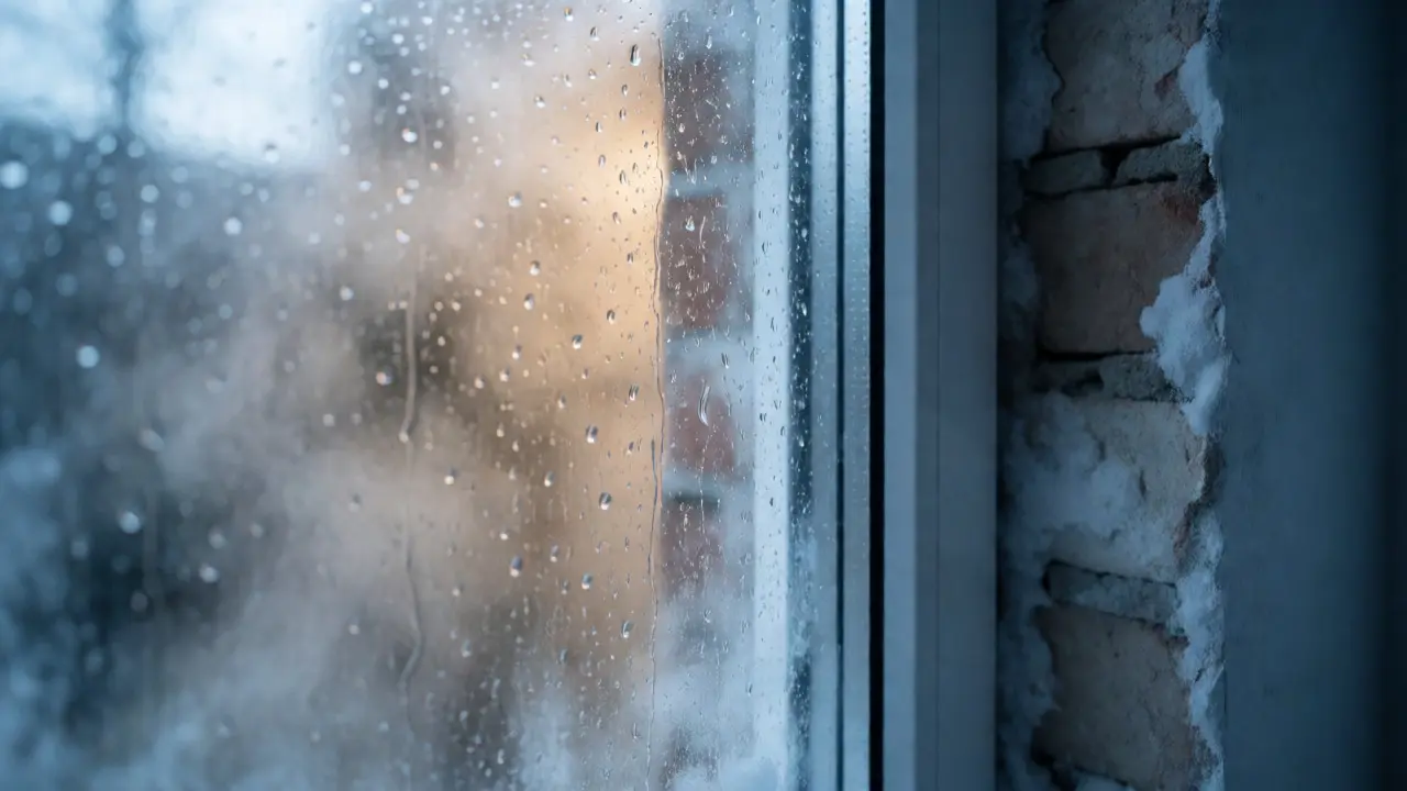 Kondenswasser an einer kalten Fensterscheibe durch Wärmebrückenbildung.