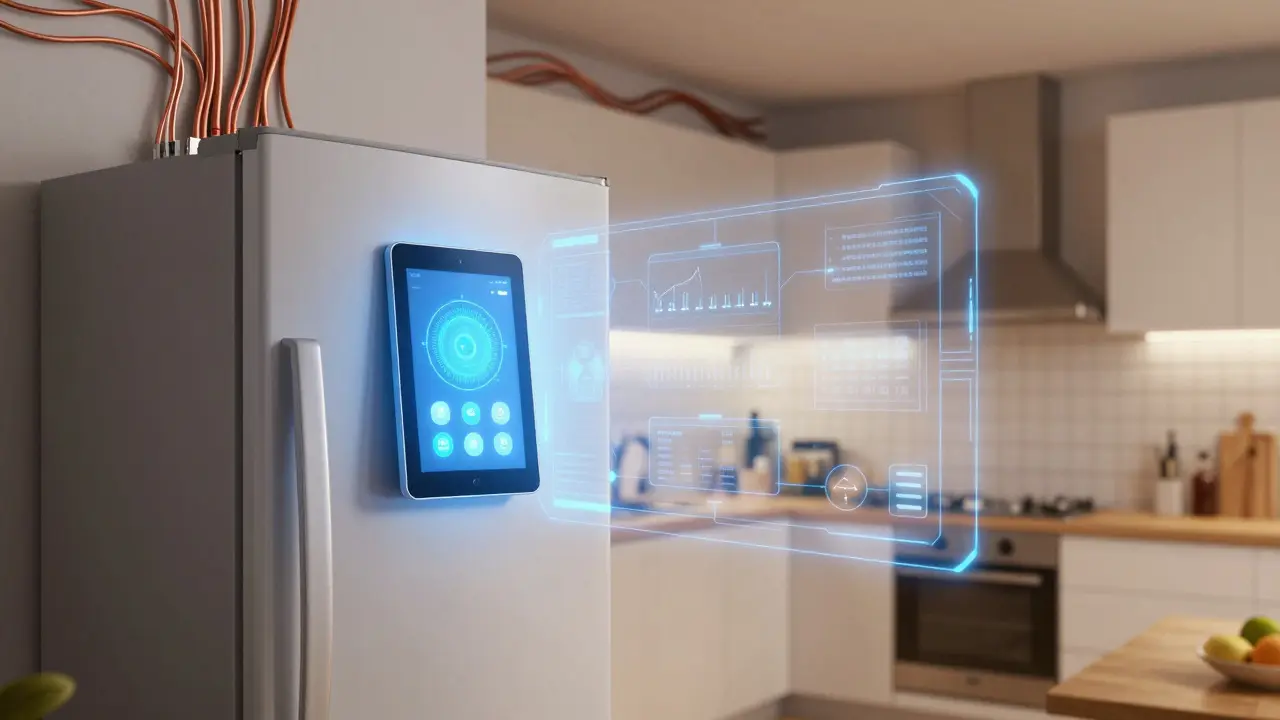 Konzeptionelle Darstellung einer smarten Küche mit verborgenen Kabeln