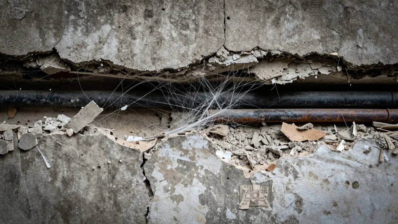 Macro view of fibrous asbestos embedded in decaying building materials