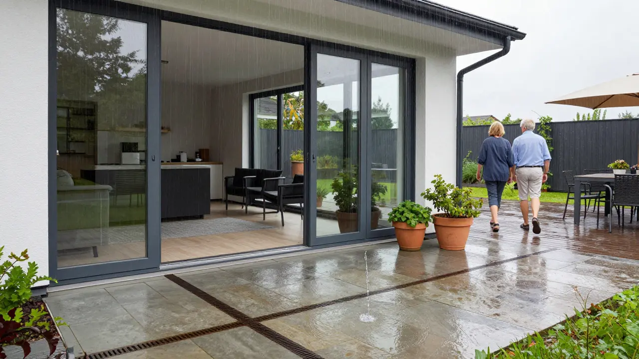 Paar auf einer regensicheren Terrasse mit schwellenlosem Übergang und integrierter Drainage