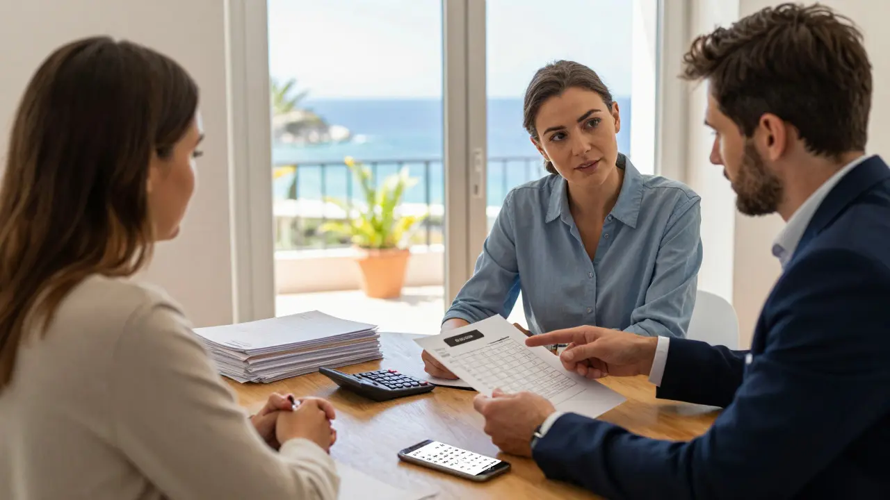 Paar mit Steuerberater am Tisch mit Blick auf das Meer, diskutieren Dokumente und Termine für Immobilienkauf.