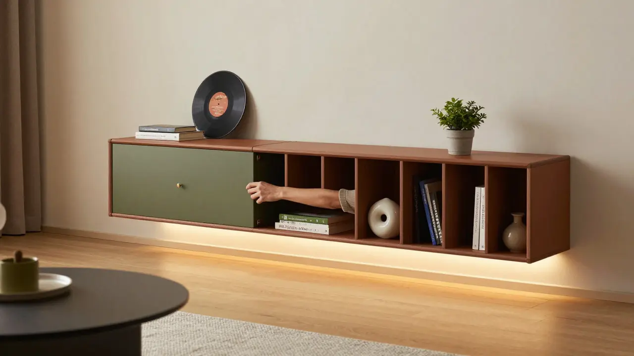 Person richtet ein modulares Regal in einer gemütlichen Wohnung ein