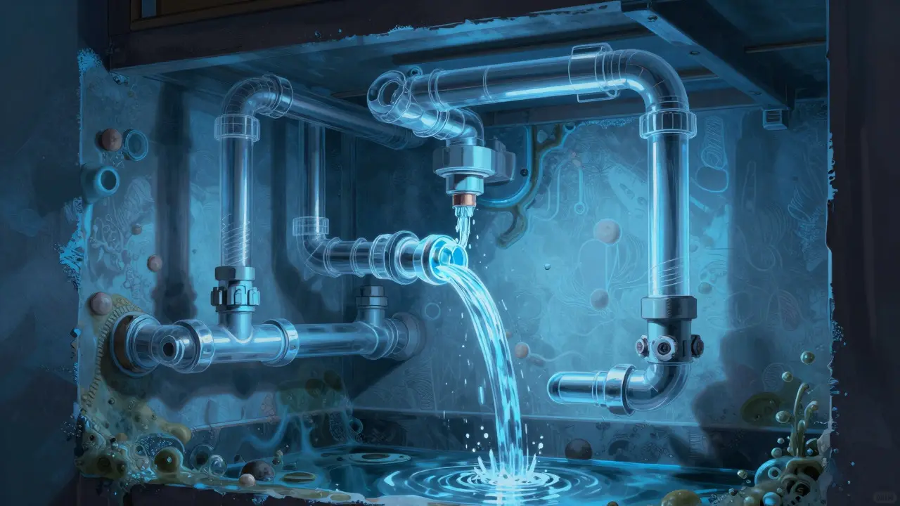 Schematische Darstellung von stehendem und fließendem Wasser in Hausleitungen