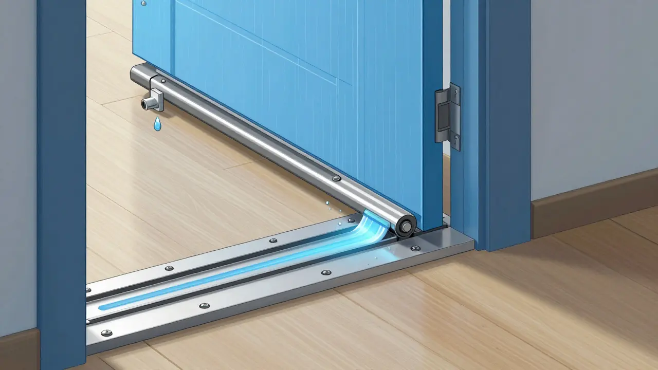 Schnittzeichnung einer barrierefreien Tür mit magnetischer Dichtung und Entwässerungssystem