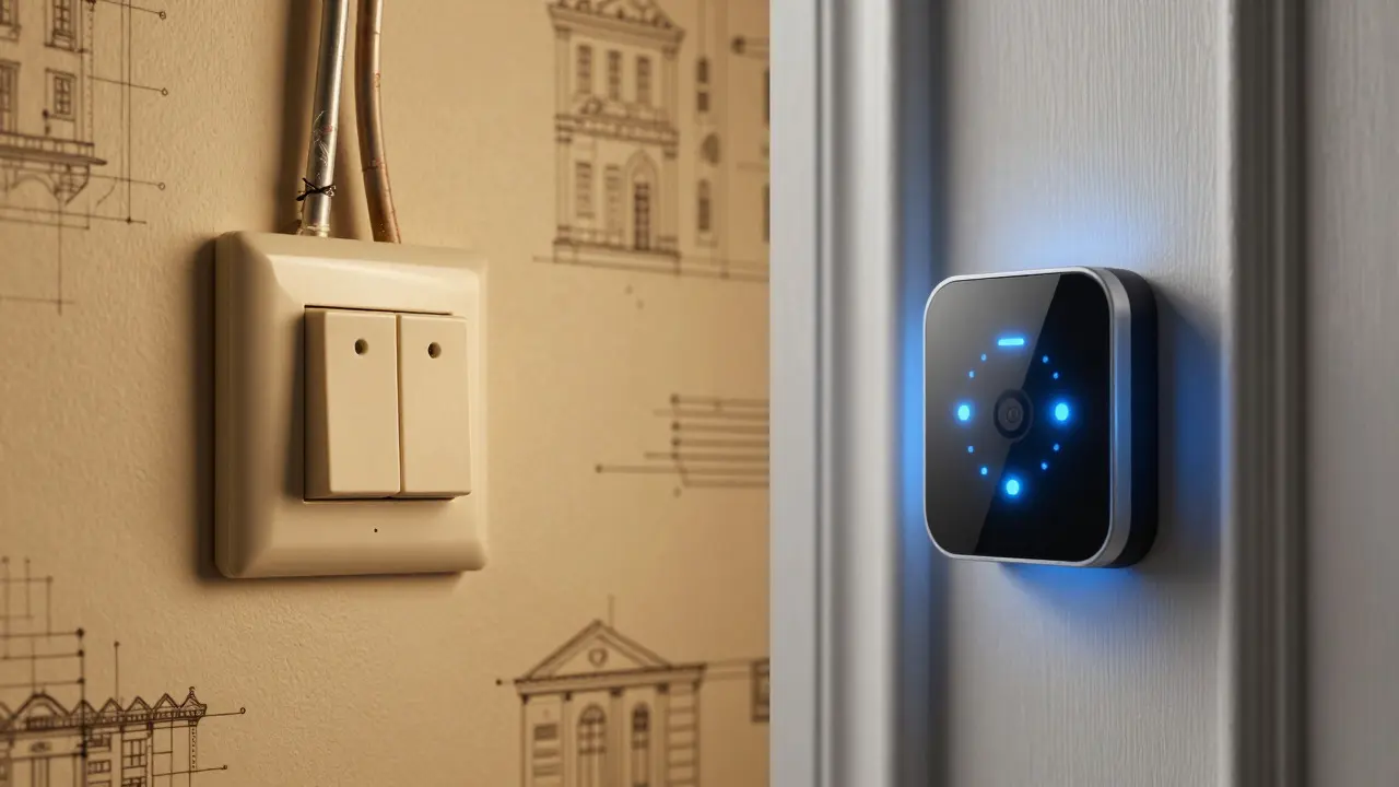 Smart Home Sensor neben alten Leitungen im Denkmal
