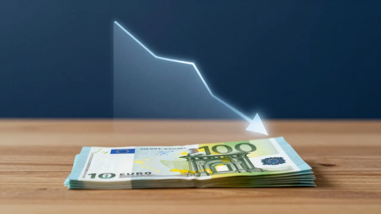 Stapel aus Euro-Banknoten neben einer abstrakten Darstellung sinkender Zinssätze