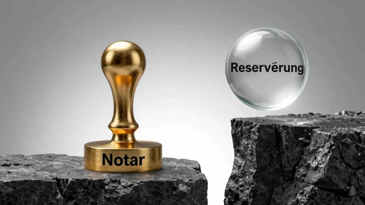 Symbolik: Solider Notarsiegel vs. zerbrechliche Reservierung
