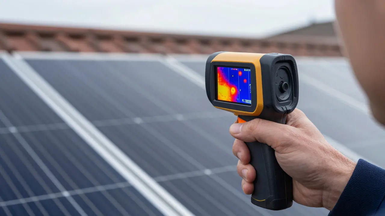 Technician using an infrared camera to detect hotspots on solar panels