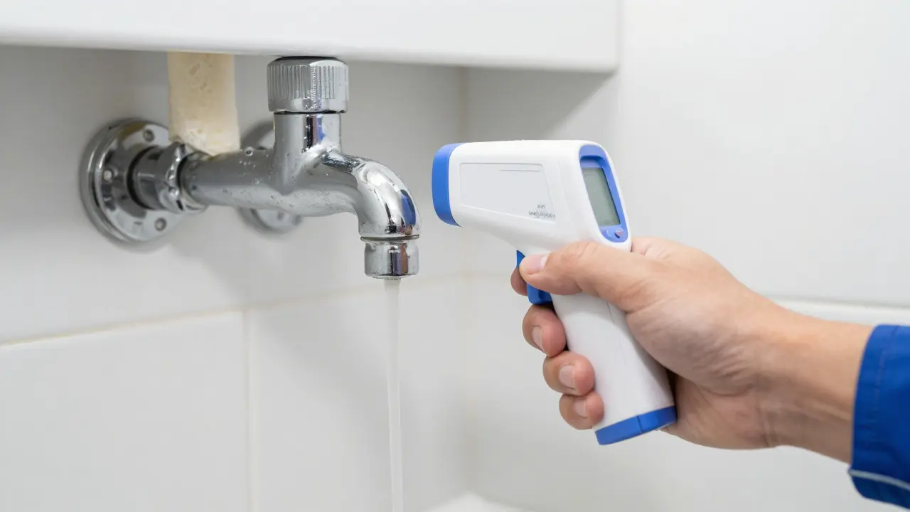Techniker misst die Wassertemperatur an einem Armatur mit einem Thermometer