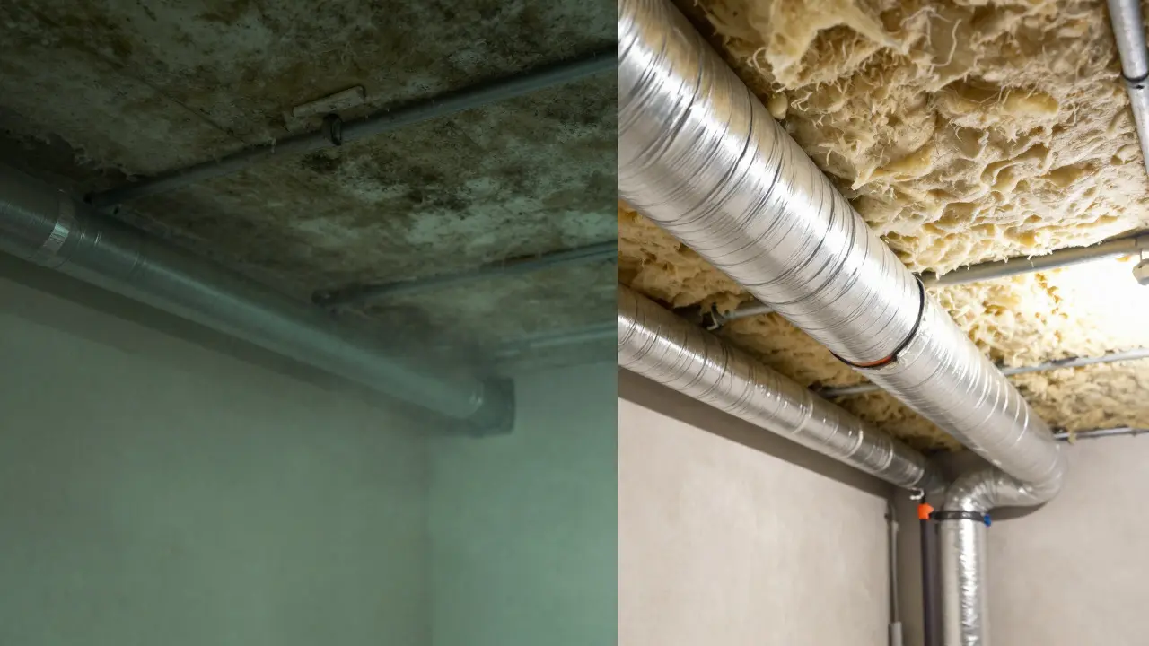Vergleich von ungedämmten Leitungen im Keller und professionell isolierten Rohren