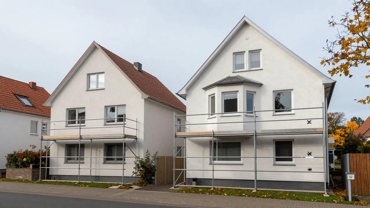 Vergleich zweier Häuser: Einfache vs. komplexe Fassade mit unterschiedlichen Gerüsten