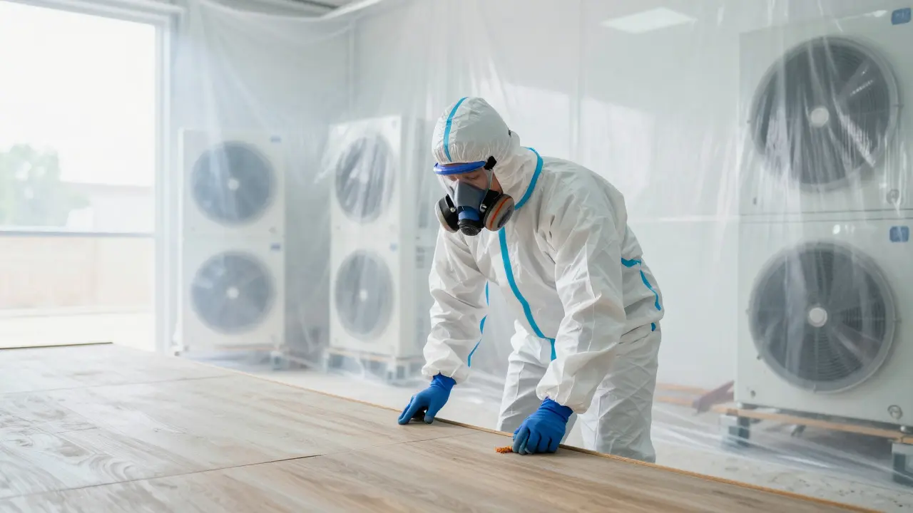 Worker in hazmat suit performing safe asbestos removal in sealed room