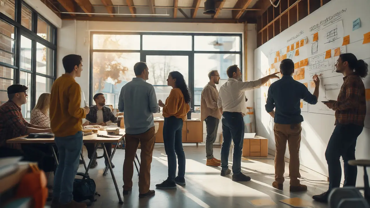 Agiles Team bespricht Renovierungsfortschritt an einer Wand mit Notizen