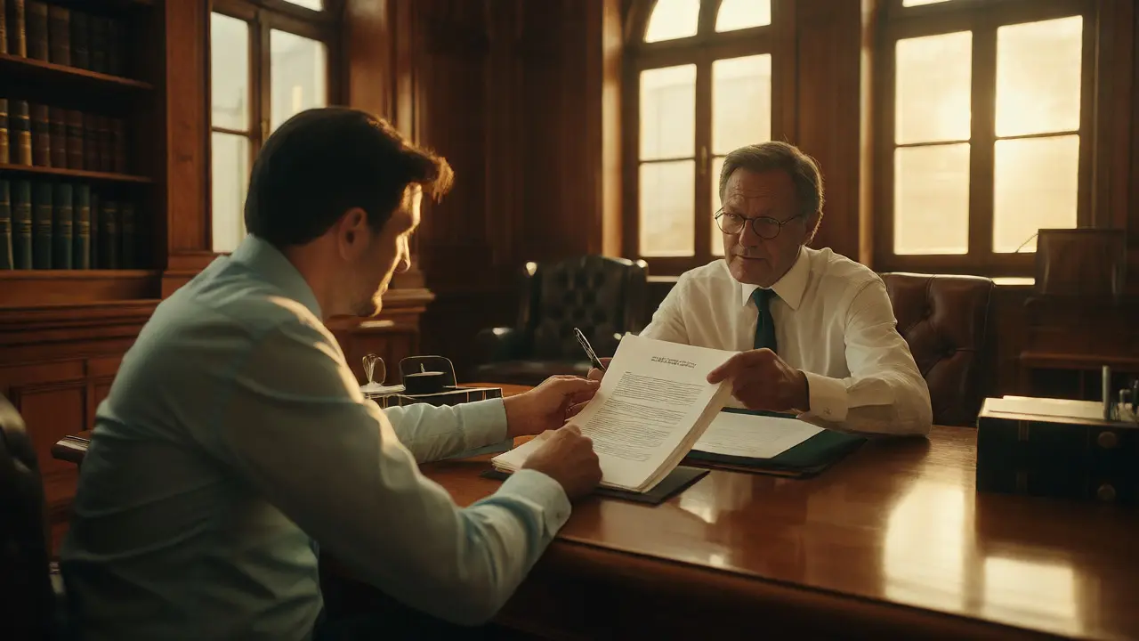 Anwalt bespricht Immobilienvertrag mit Klient in einem professionellen Büro.
