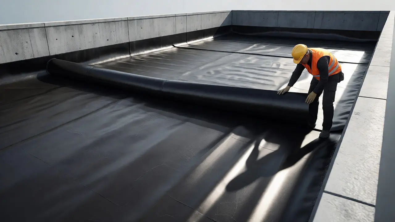 Arbeiter verlegt neue EPDM-Kautschukbahn auf großem Flachdach