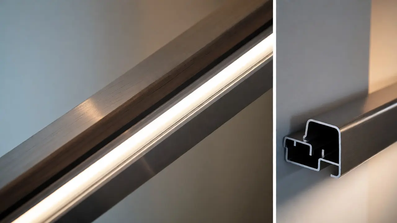 Detailaufnahme eines Handlaufs mit integriertem LED-Lichtstreifen und Wandprofil.