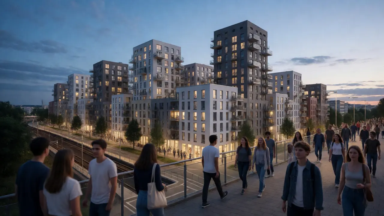 Dichte Wohnbebauung in einer deutschen Großstadt bei Abenddämmerung