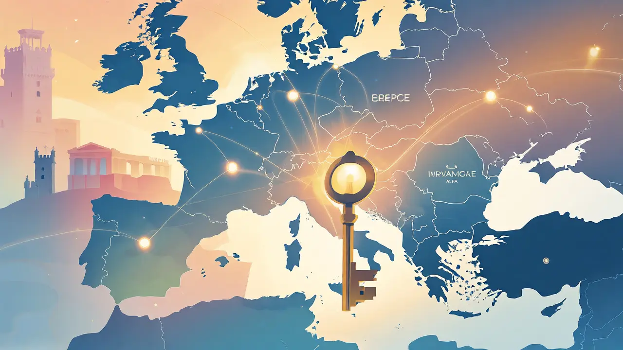 Goldener Schlüssel öffnet ein Tor vor einer stilisierten Europakarte