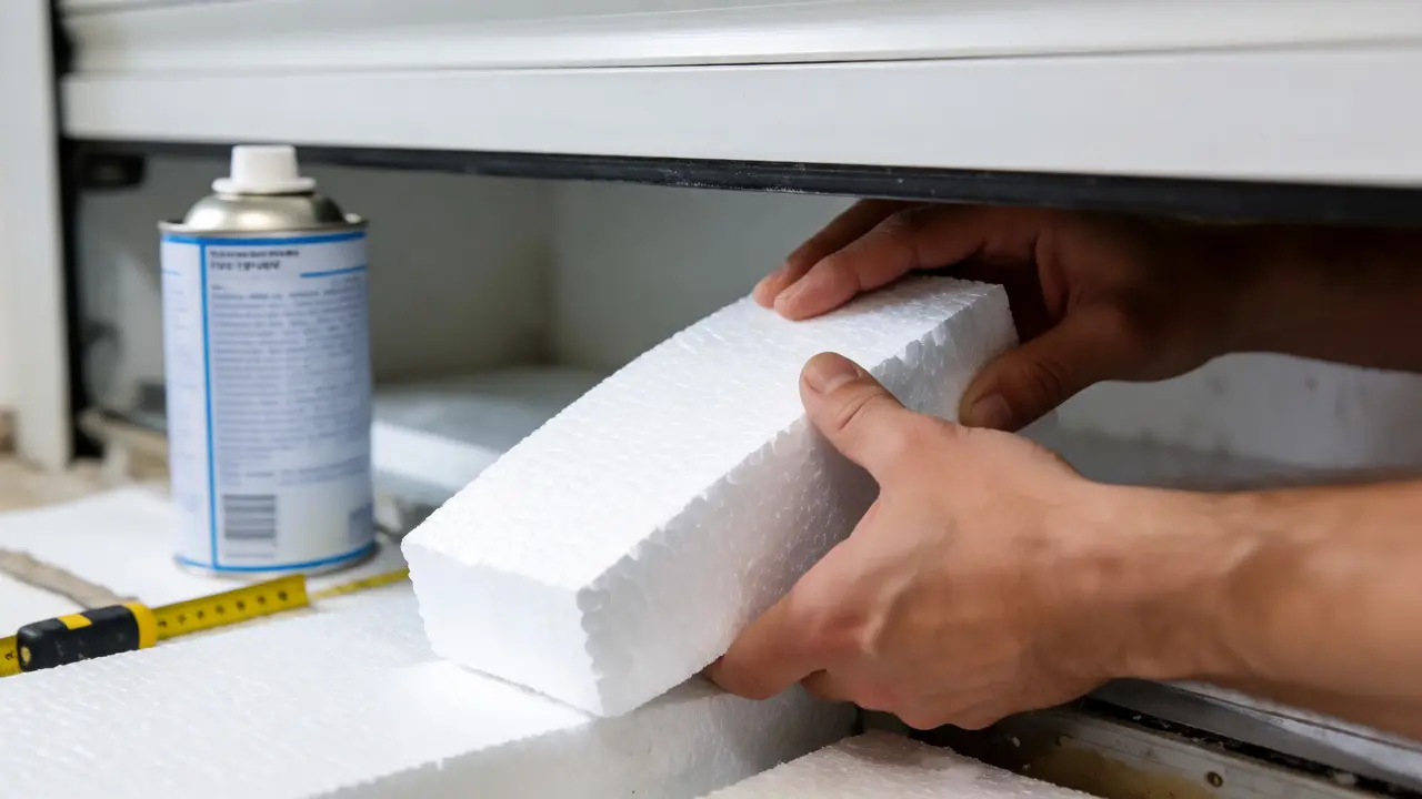 Hände montieren Polystyrol-Dämmung in einen Rollladenkasten während der Renovierung