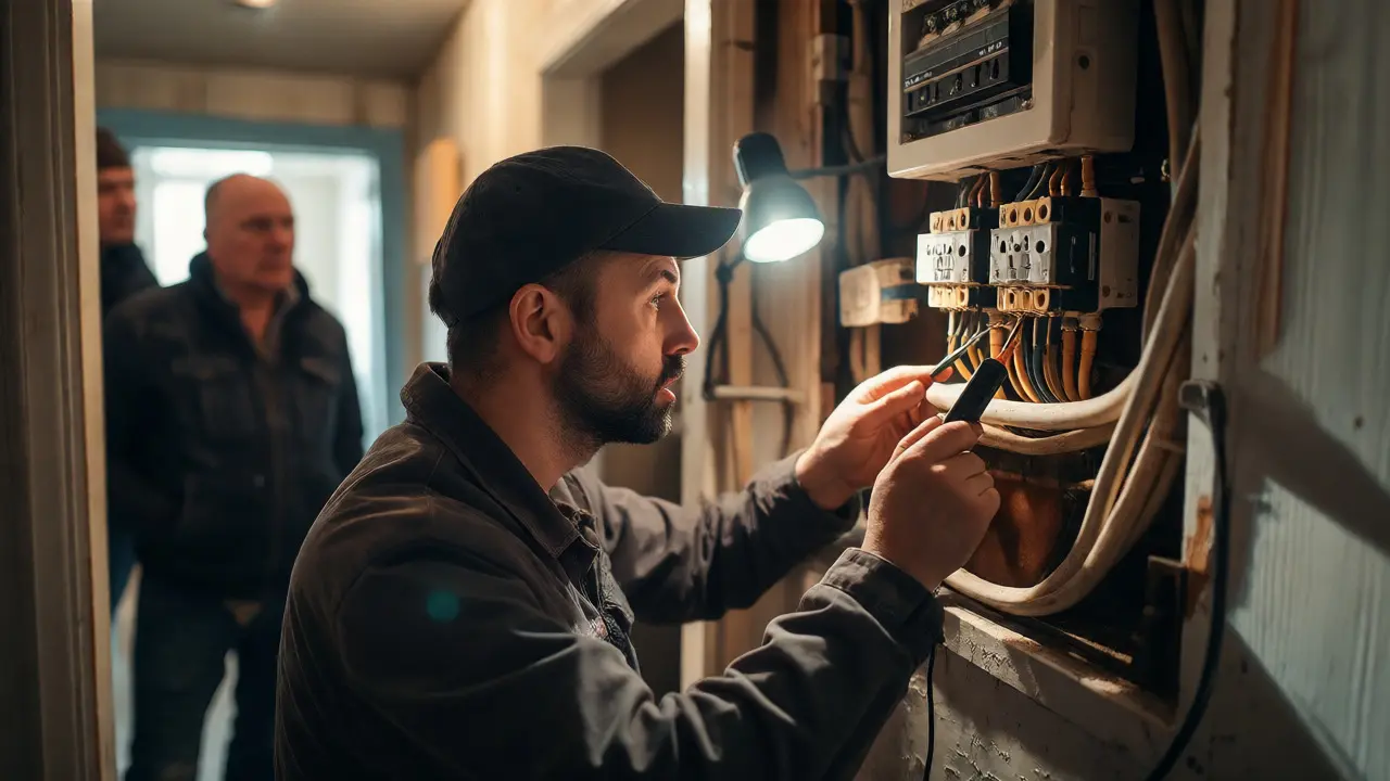 Handwerker inspiziert alte Elektrik mit Prüfgerät