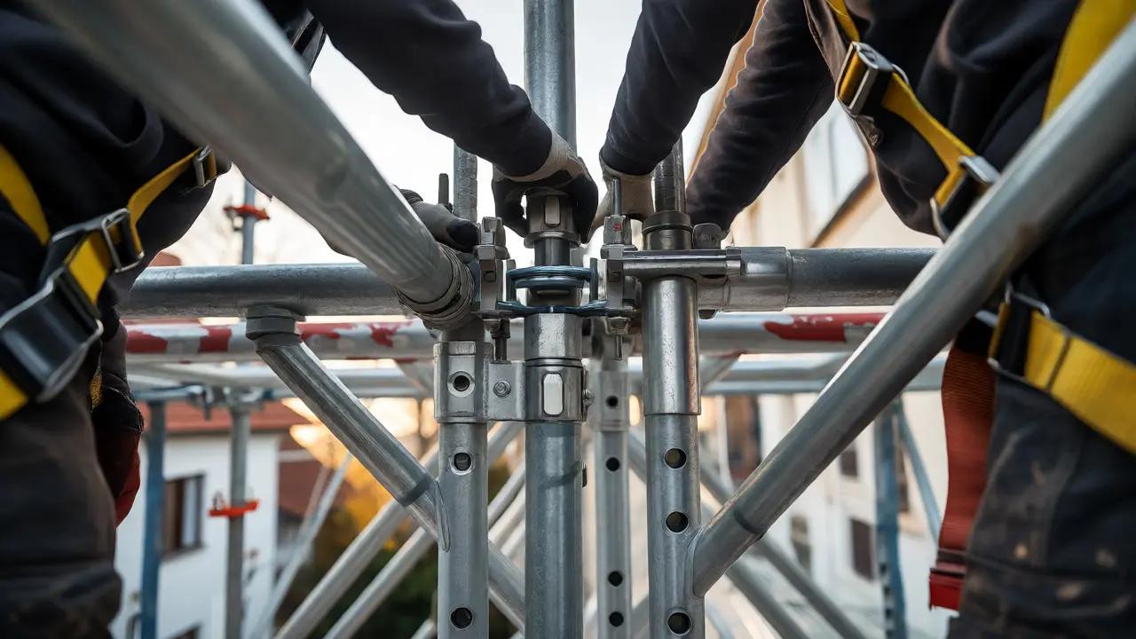 Handwerker montieren Systemgerüst mit Stahlrohren und Diagonalen