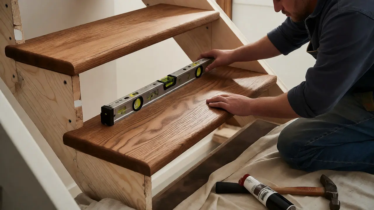 Handwerker montiert präzise neue Eichenstufen auf eine bestehende Treppe