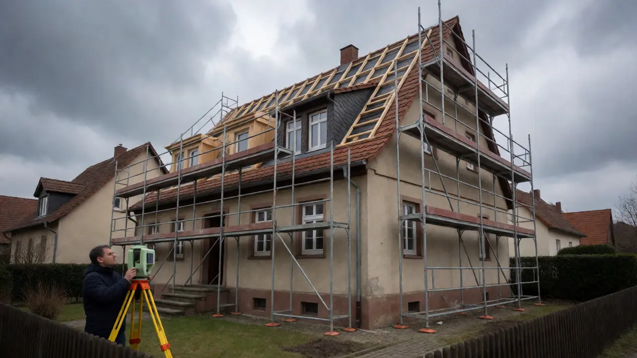 Haus mit Gerüst bei Dachausbau unter bewölktem Himmel zur Prüfung der Statik
