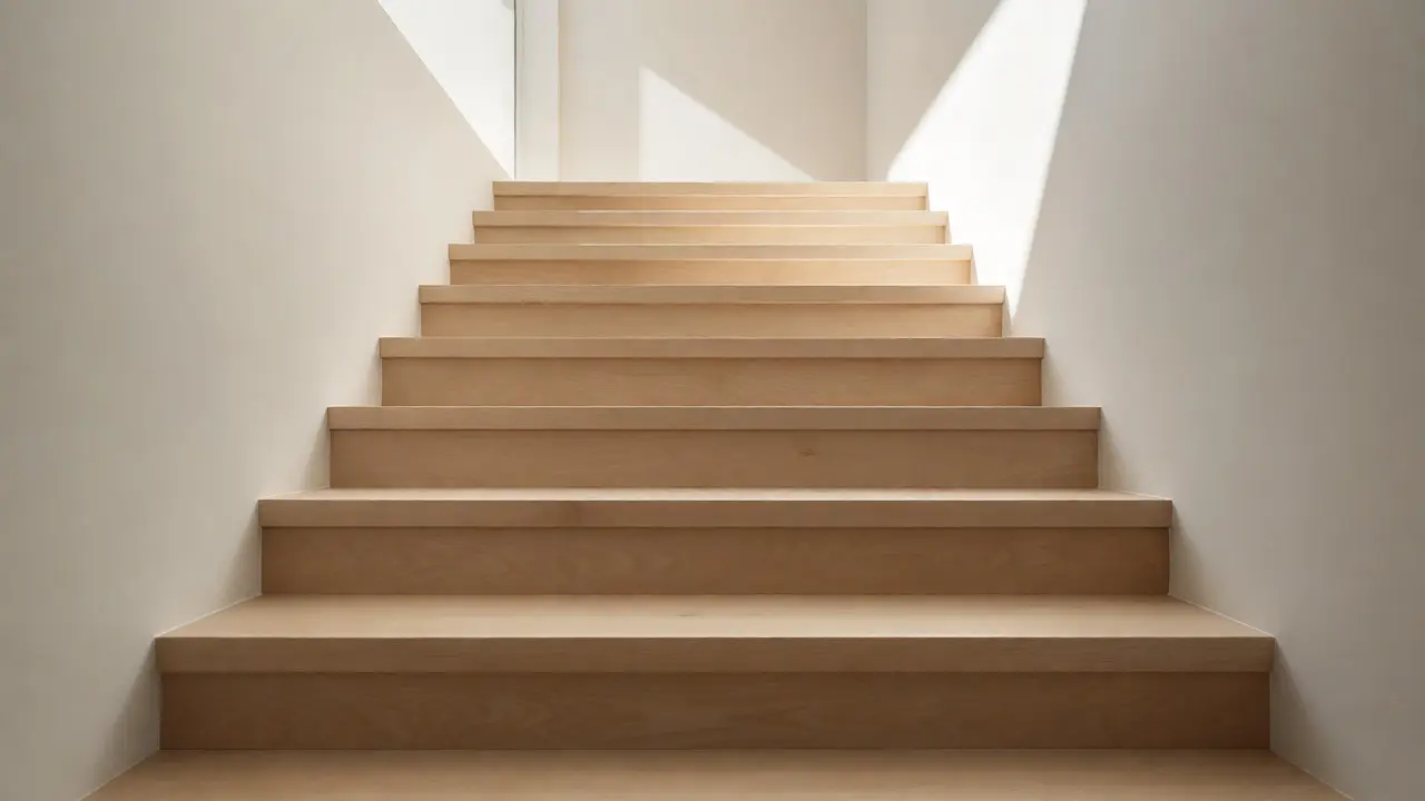 Helle, moderne renovierte Treppe mit glatten Holzstufen in einem lichtdurchfluteten Raum