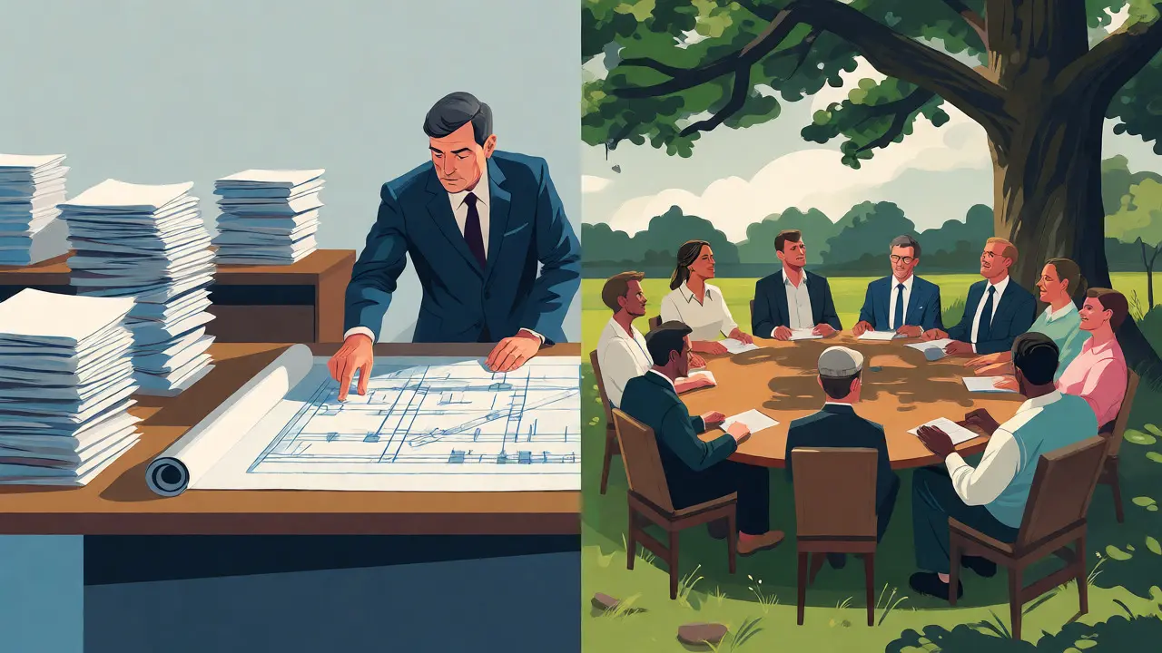Illustration des Unterschieds zwischen deutscher Hierarchie und niederländischem Konsens.