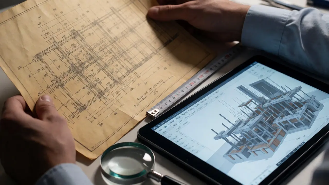 Ingenieur vergleicht alte Baupläne mit einem digitalen 3D-Modell auf einem Tablet
