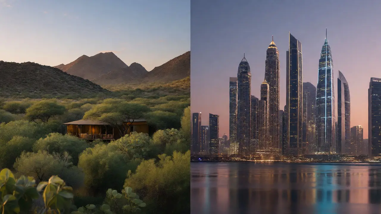 Kontrast zwischen luxuriöser Naturkulisse und moderner Skyline