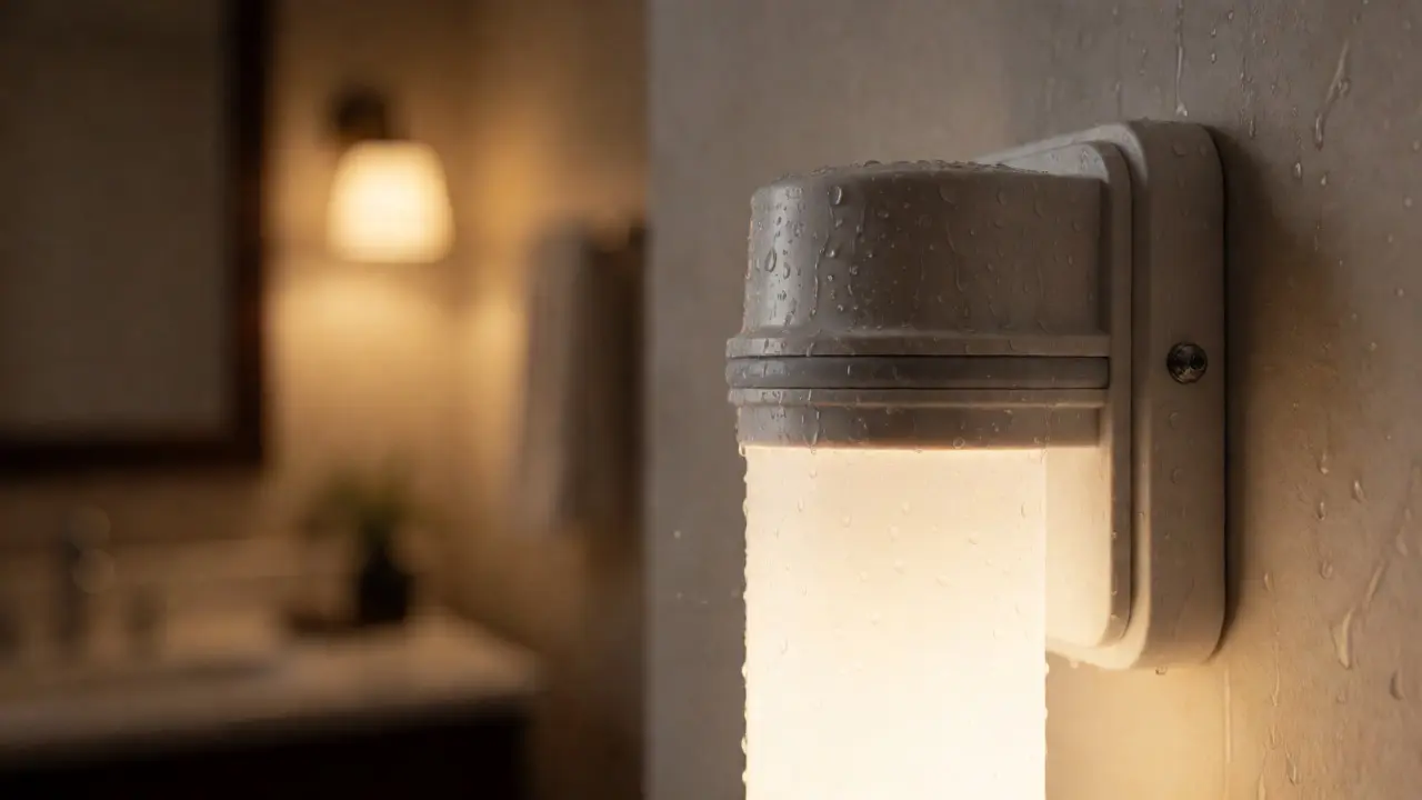 Nahaufnahme einer wasserdichten IP65-LED-Leuchte an feuchter Wand