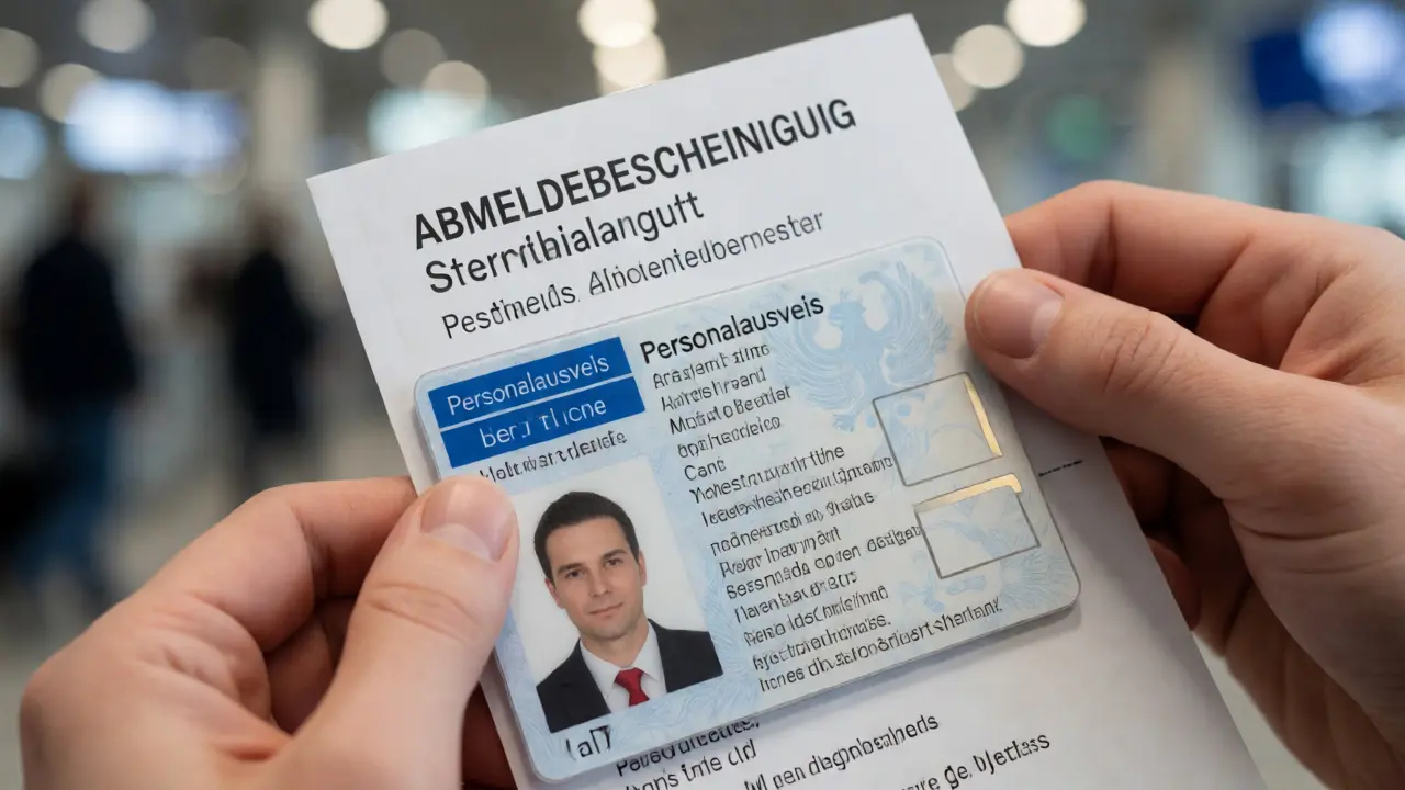 Nahaufnahme von Personalausweis und Abmeldebescheinigung in den Händen