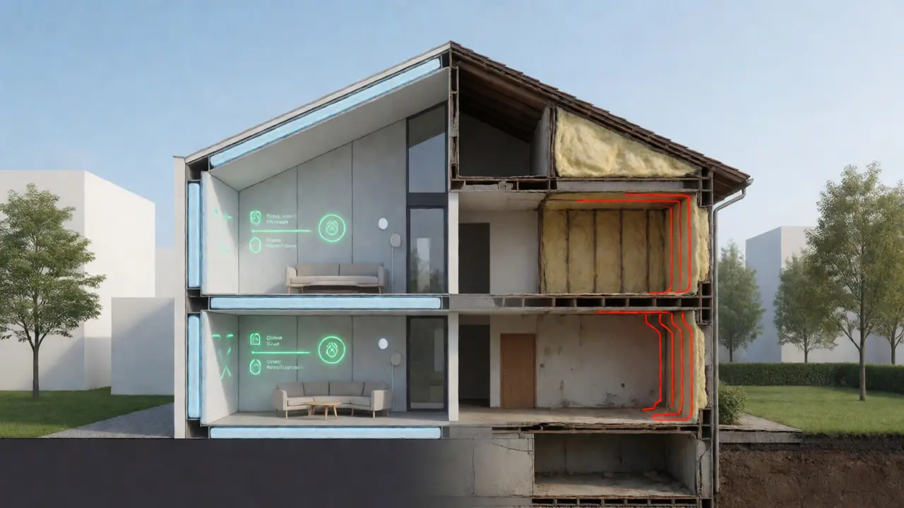 Querschnitt eines Gebäudes mit Fokus auf Energieeffizienz und Dämmung
