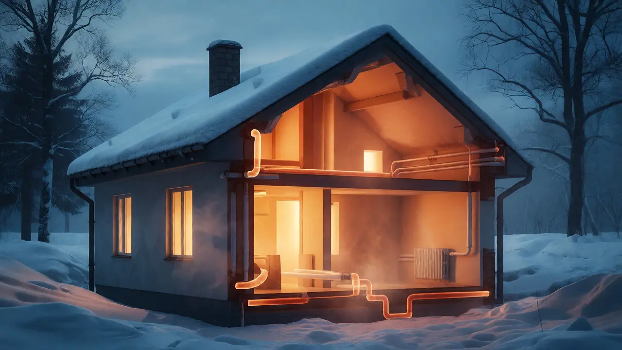 Querschnitt eines isolierten Hauses im Winter mit effizienter Wärmeabgabe