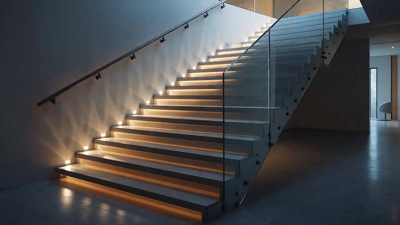 Smarte Treppe mit bewegungsgesteuerter Beleuchtung und stimmungsvollem Lichtdesign.