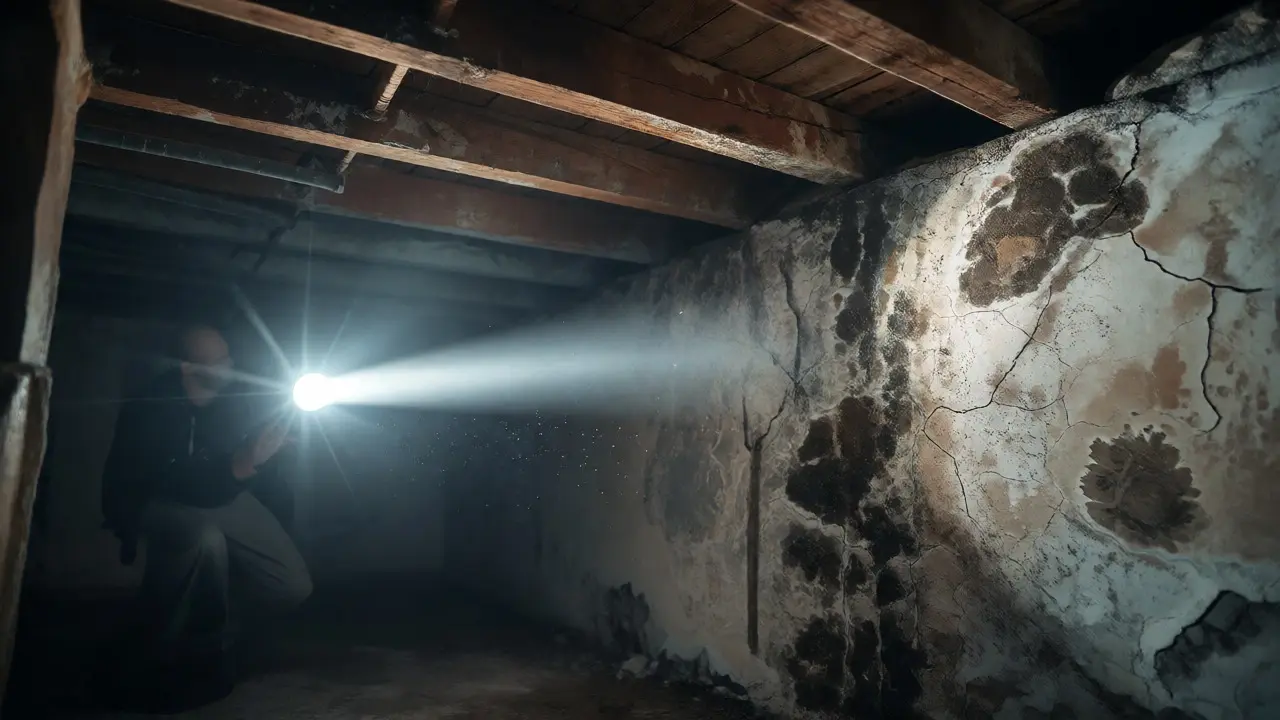 Taschenlampe beleuchtet feuchte Stelle im Keller