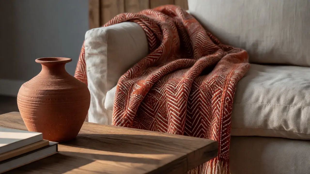 Terrakotta-Vase und Rostrot-Decke als textile Farbträger im Wohnbereich.